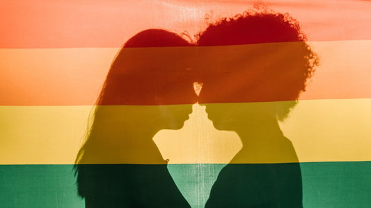 Silhouette of a couple about to kiss behind a rainbow pride flag — love and bisexual identity