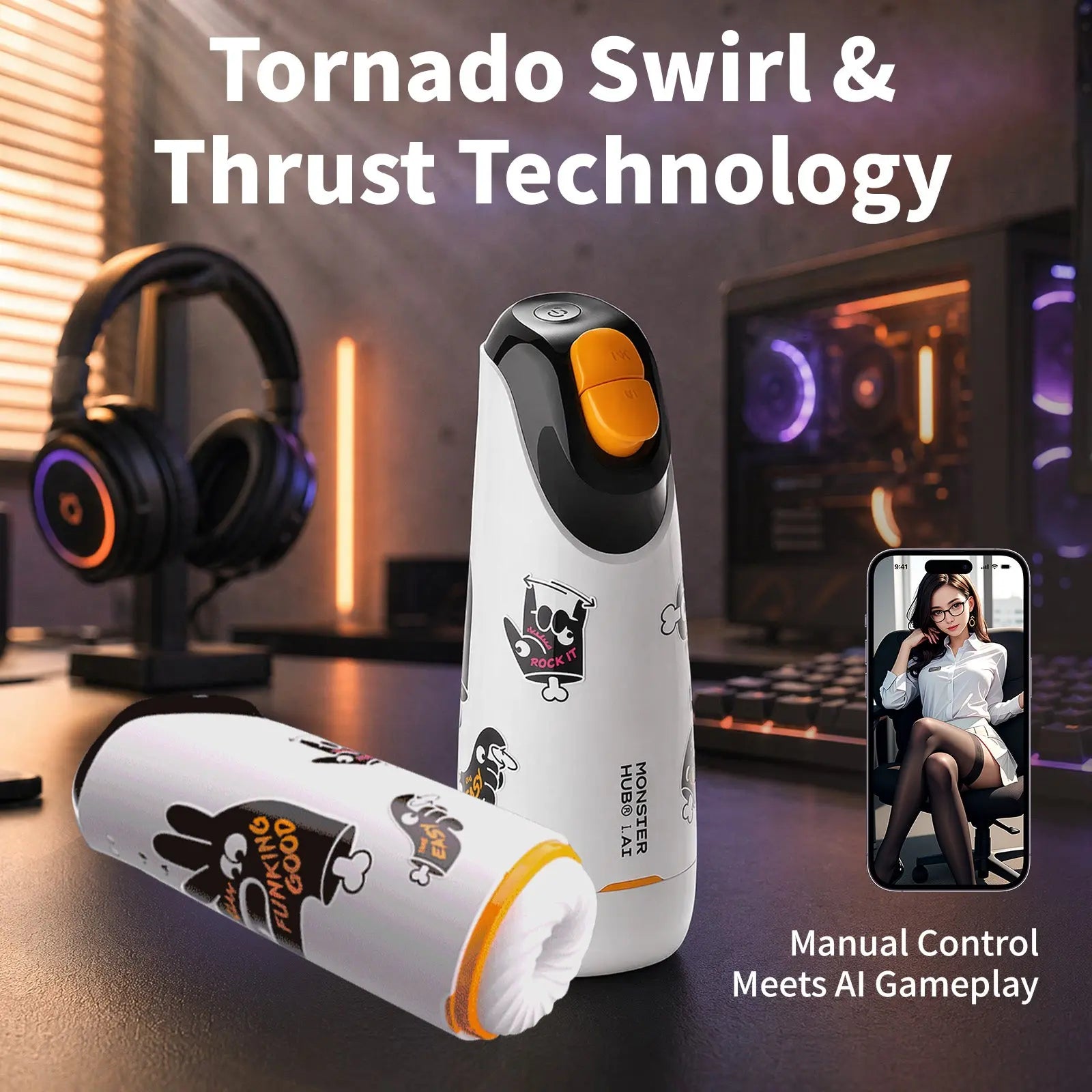 Monsterpub Tornado Smart Cup with AI Interaction App-connected, waterproof, 360° sensing, high-torque engine with swirling vibrations, and AI character interaction.